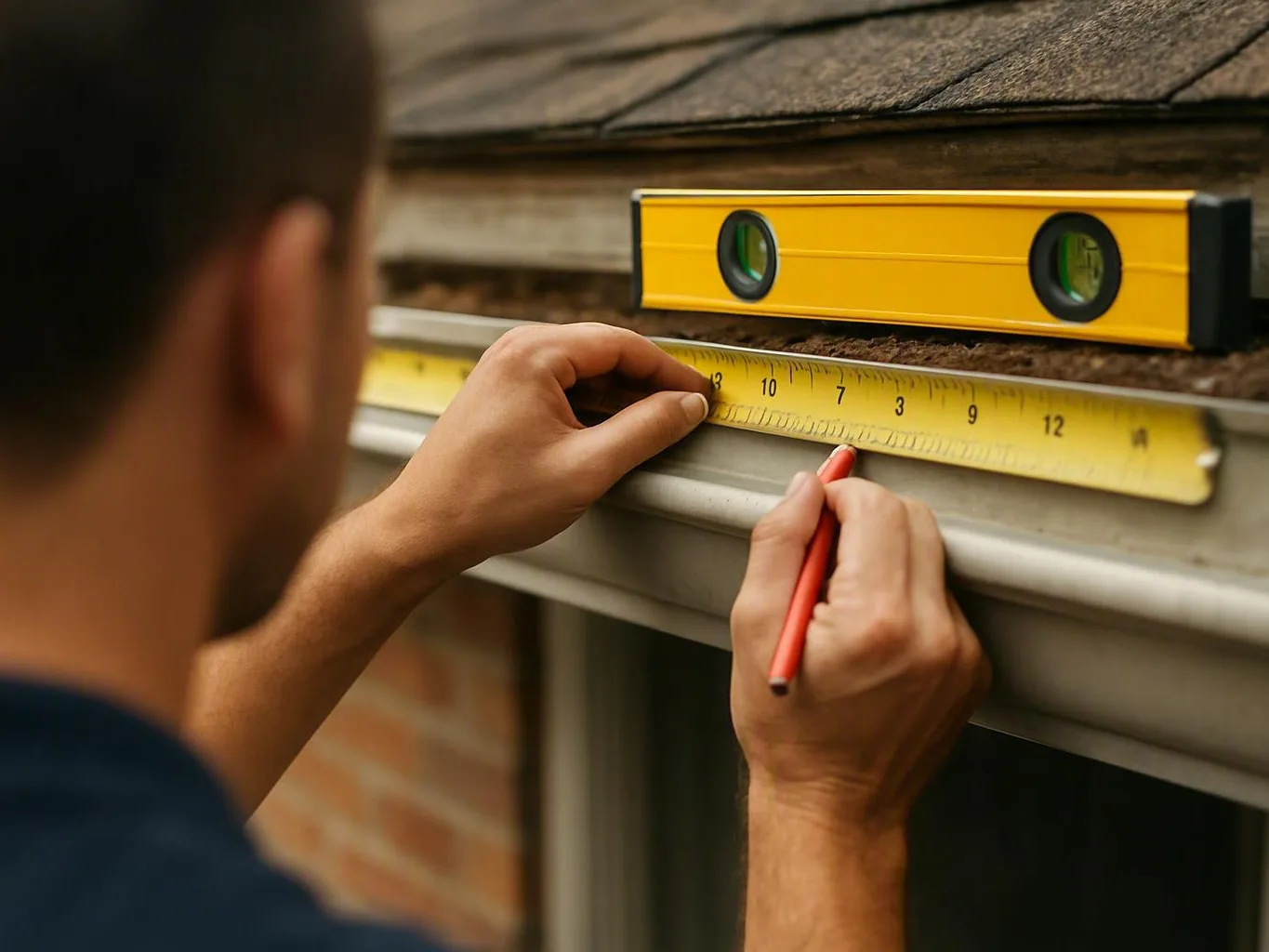 Worker measures and marks a roof edge for accurate gutter installation using