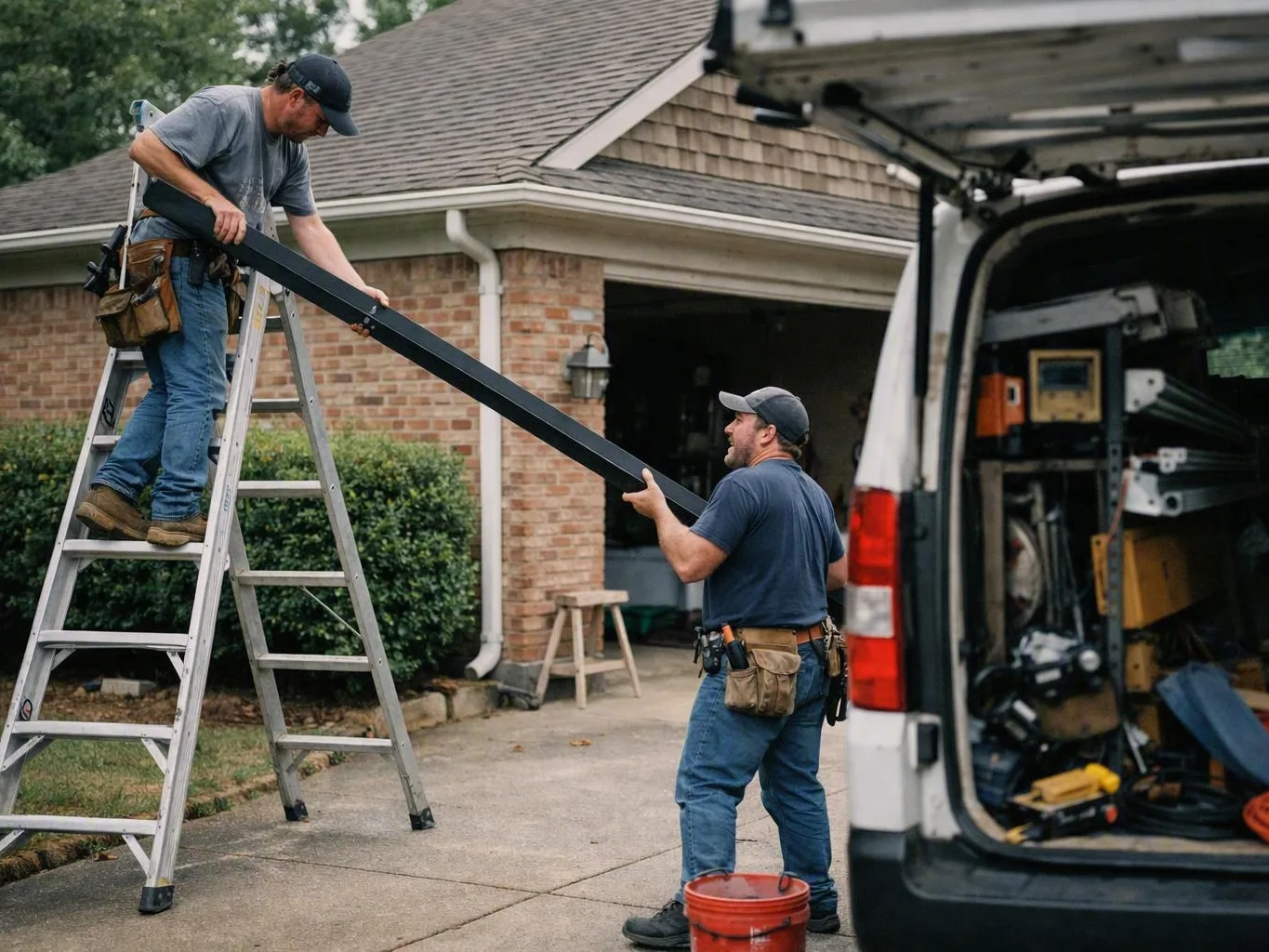 Two workers carry a long black gutter component beside a work van in a suburban driveway