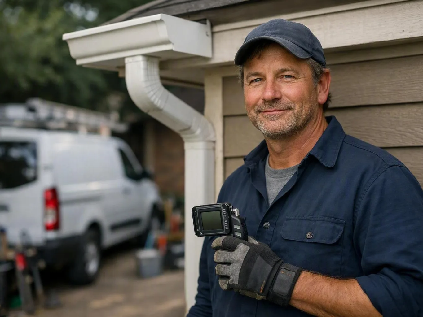 Smiling gutter professional holds an inspection camera beside a house and service van