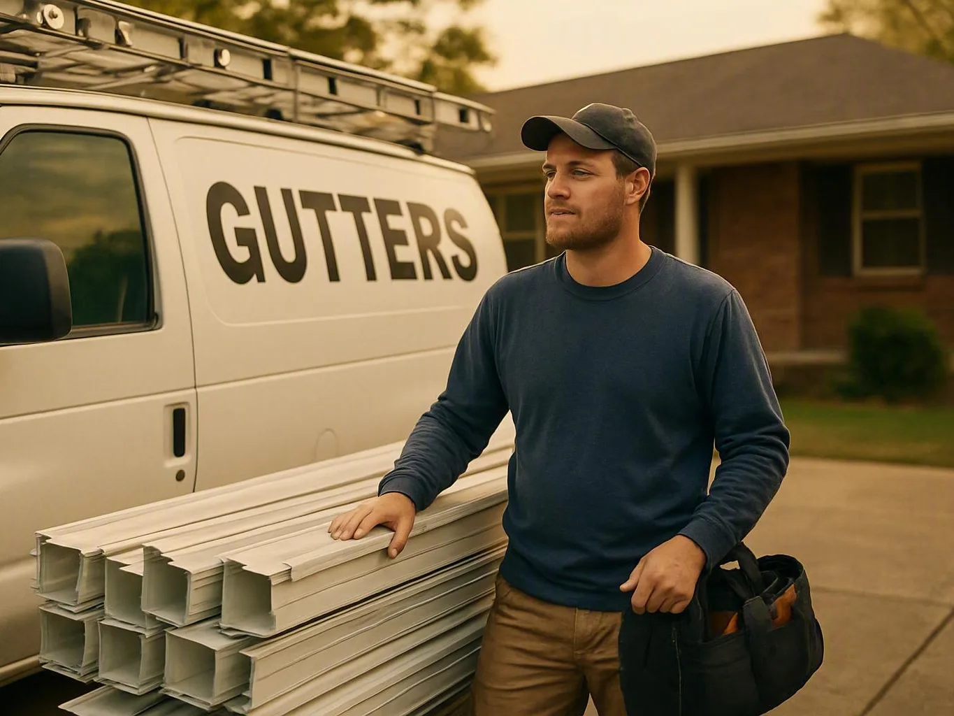 Gutter technician stands beside a service van, gutter sections, and tools outside a house