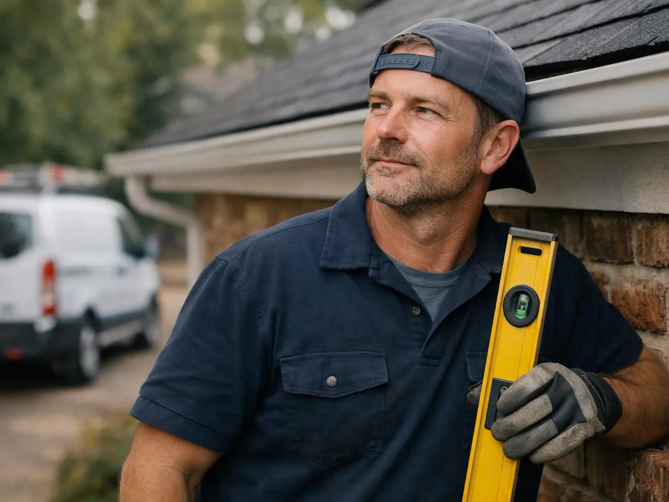 Worker holds a yellow level beside a brick wall during exterior gutter work