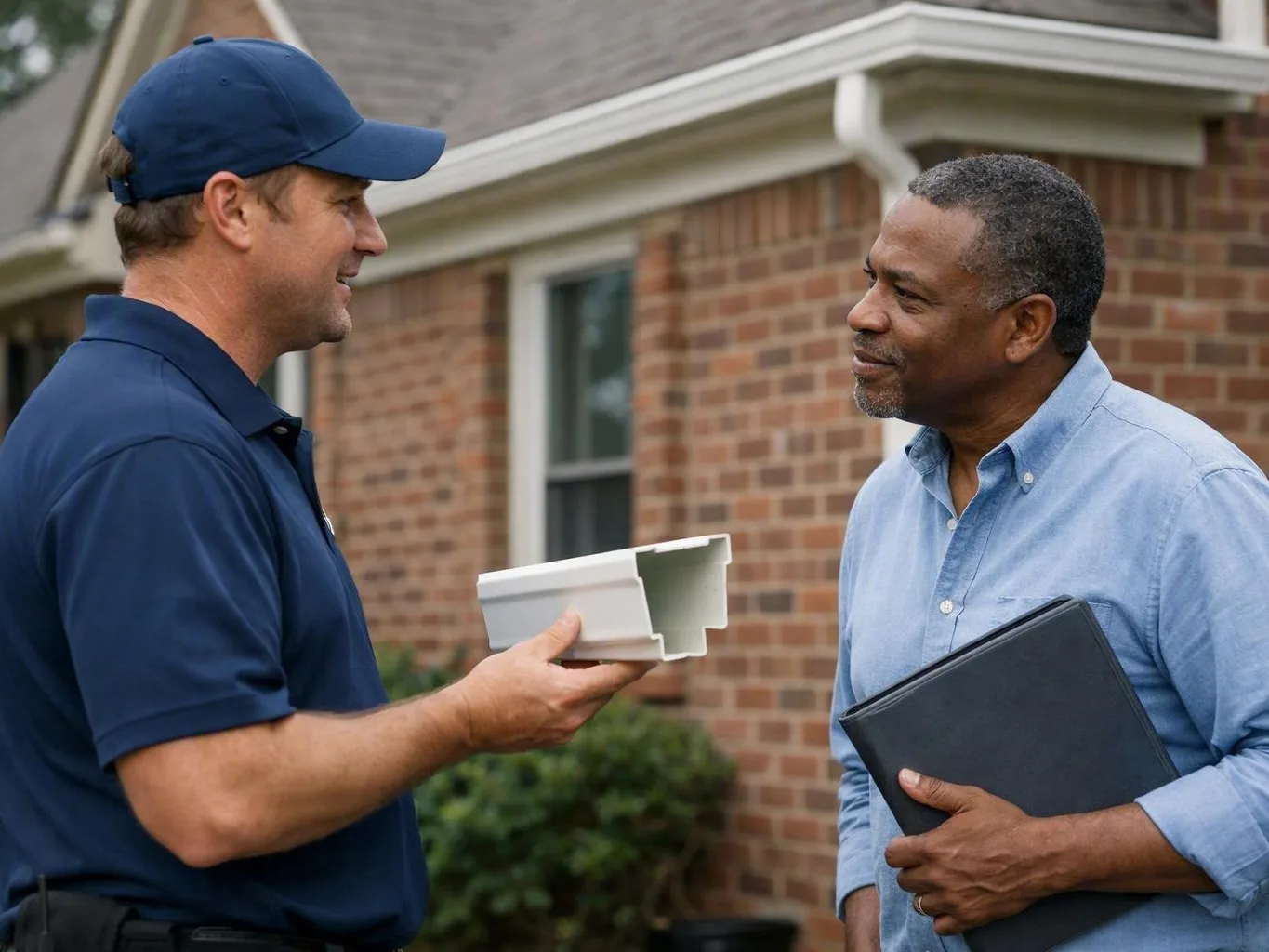 Two workers discuss a white gutter section outside a brick house