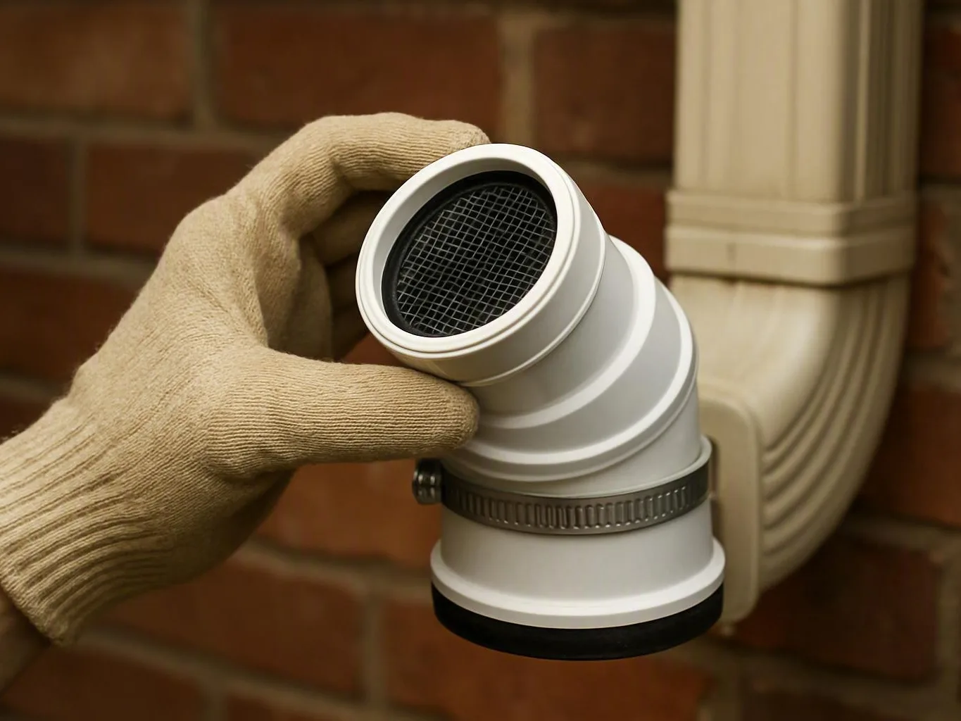 Gloved worker holds a white plastic vent fitting against an outdoor brick wall