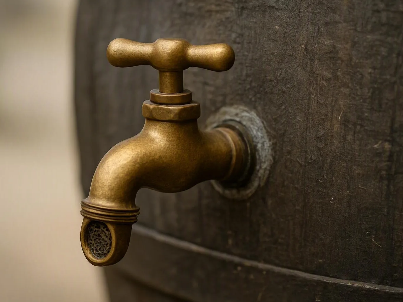 Brass faucet mounted on a dark wooden rain barrel outdoors with a blurred
