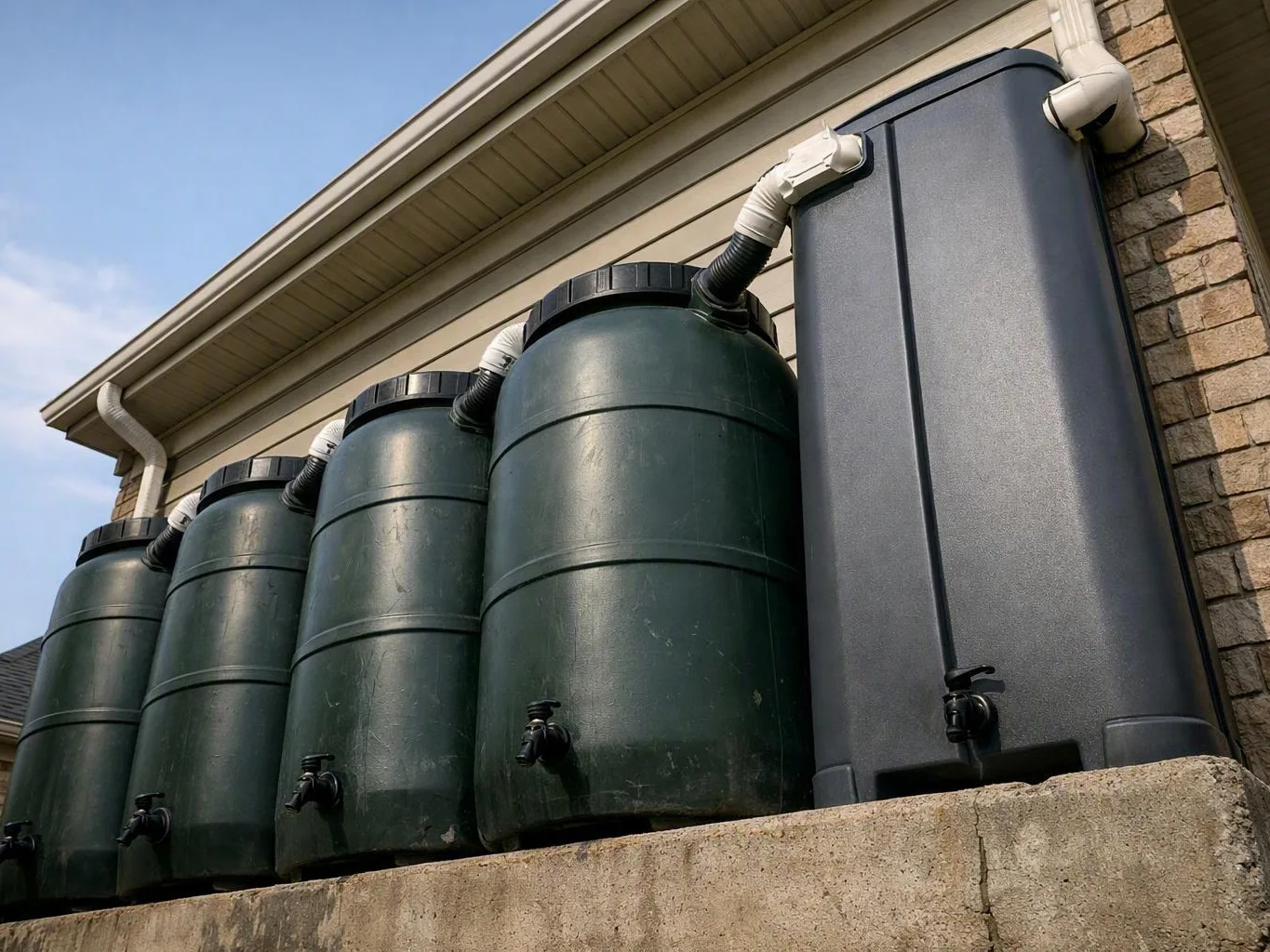 Five large rain barrels and a tall gray water tank stand beside a house wall