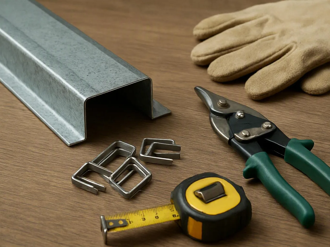 Metal gutter channel, work gloves, snips, clips, and tape measure arranged on a