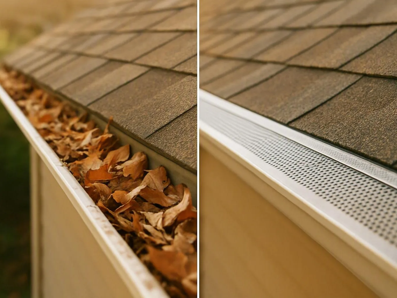 Split gutter view showing dry leaves beside a clean installed gutter guard