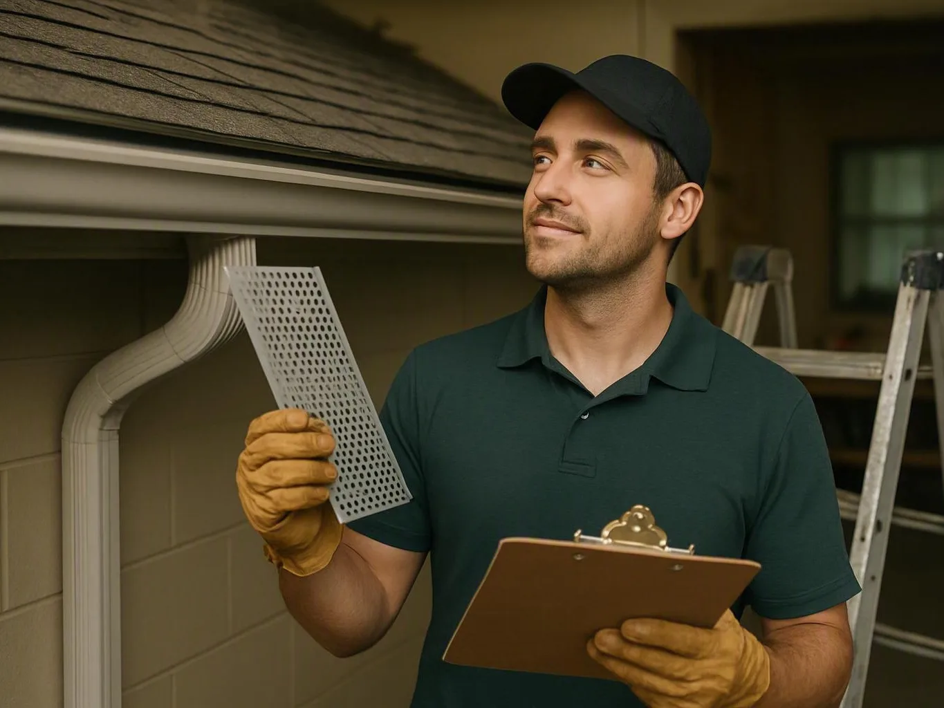 Roofer wearing gloves inspecting a metal vent piece with a clipboard beside a