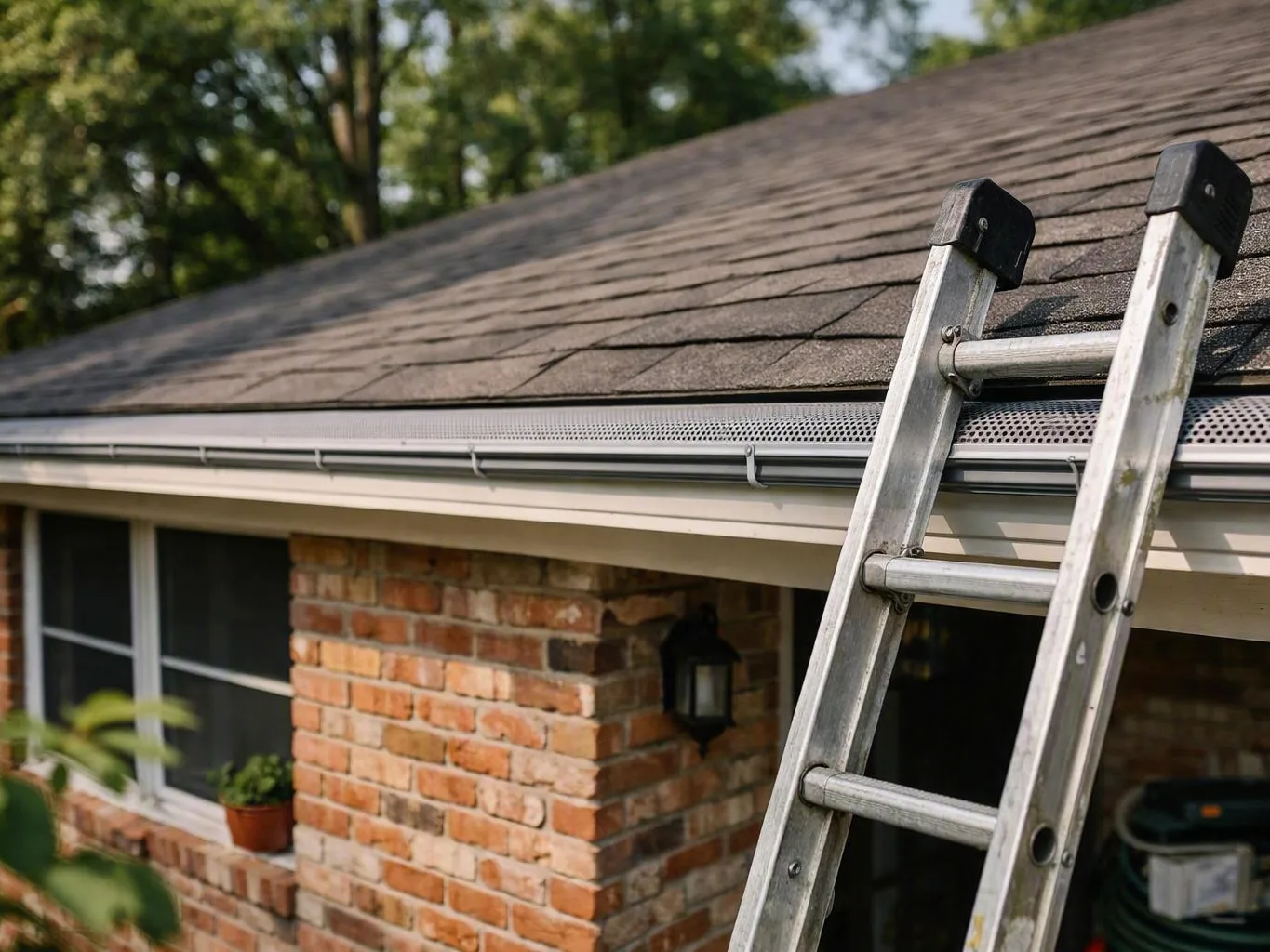 Aluminum ladder leaning against a brick house roof beside gutters and shingles