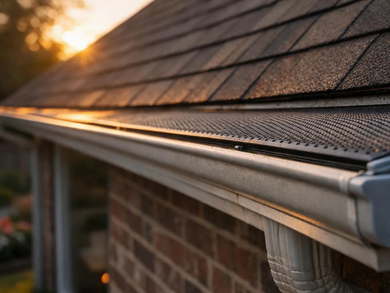 House roof and gutter at sunset above a brick wall and blurred trees