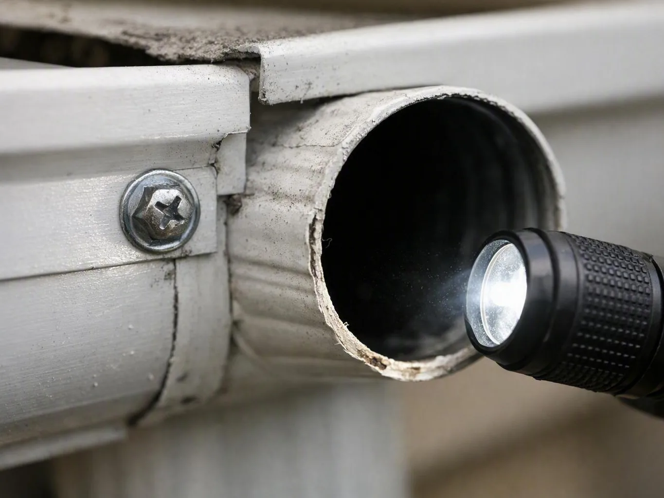 Worker fitting aluminum gutters on a brick suburban home