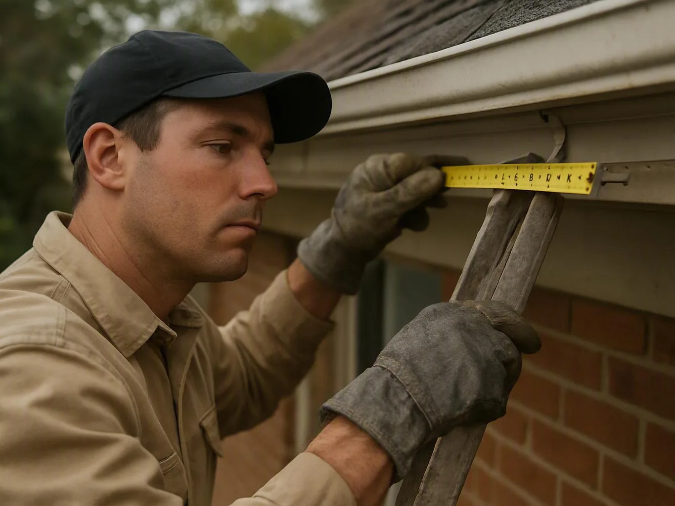 Technician checking a downspout beside a landscaped yard