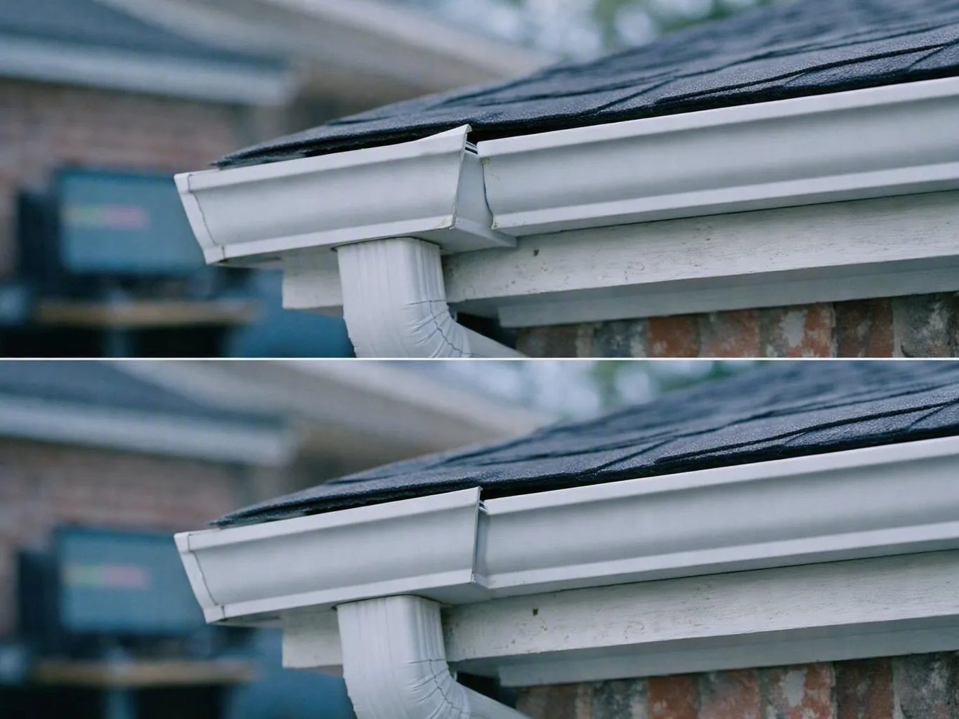 Closeups show a roof corner, white trim, shingles, and attached downspout