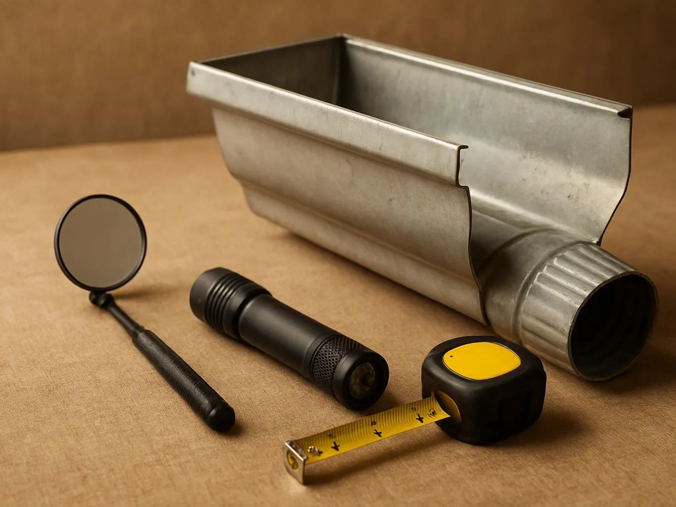 Metal gutter section with mirror, flashlight, and tape measure on a tan surface