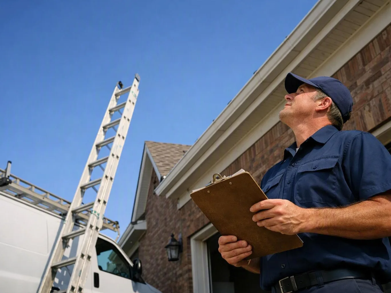 Contractor checks a clipboard beside a ladder truck and brick house