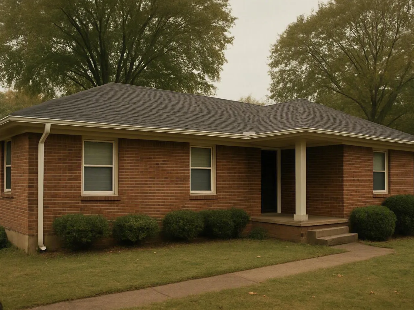 Single-story brick home with dark roof, trimmed shrubs, and tall trees
