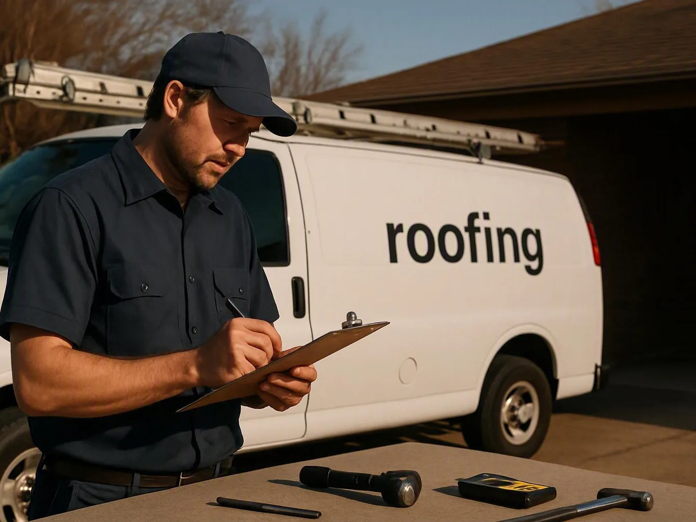 Worker in navy uniform writes on clipboard beside a white roofing van