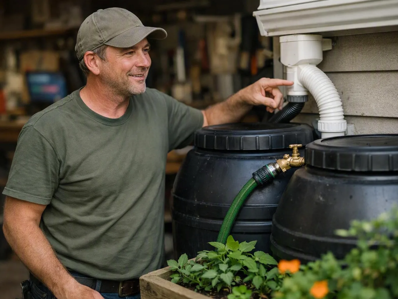 Smiling man points toward rain barrels and drainage pipes beside a house