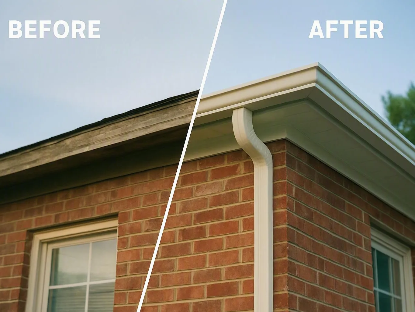 Brick house corner showing old roof trim beside newly installed gutters