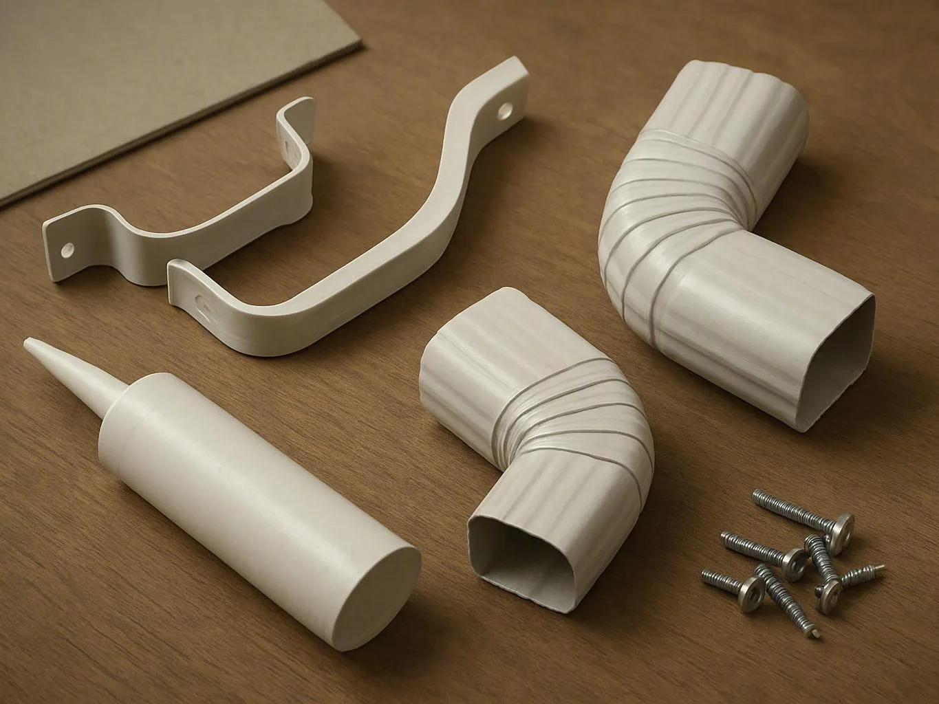 White gutter parts, sealant, and screws arranged on a wooden worktable