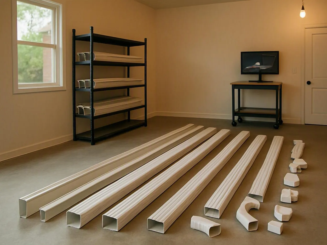 White trim pieces laid across a bare room beside storage shelves and monitor