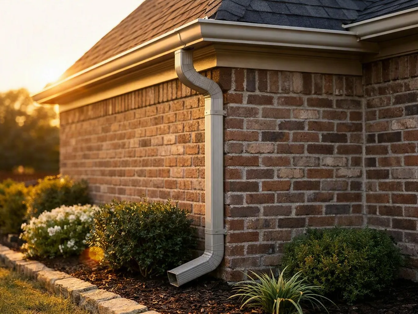 Brick house corner with silver downspout, trimmed shrubs, and warm sunset light