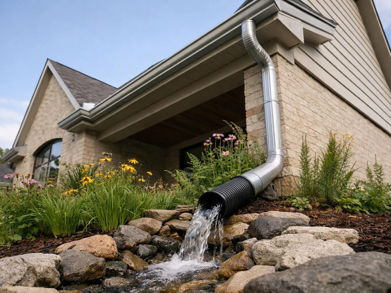 Gutter downspout directs water into a stone-lined garden beside a brick house