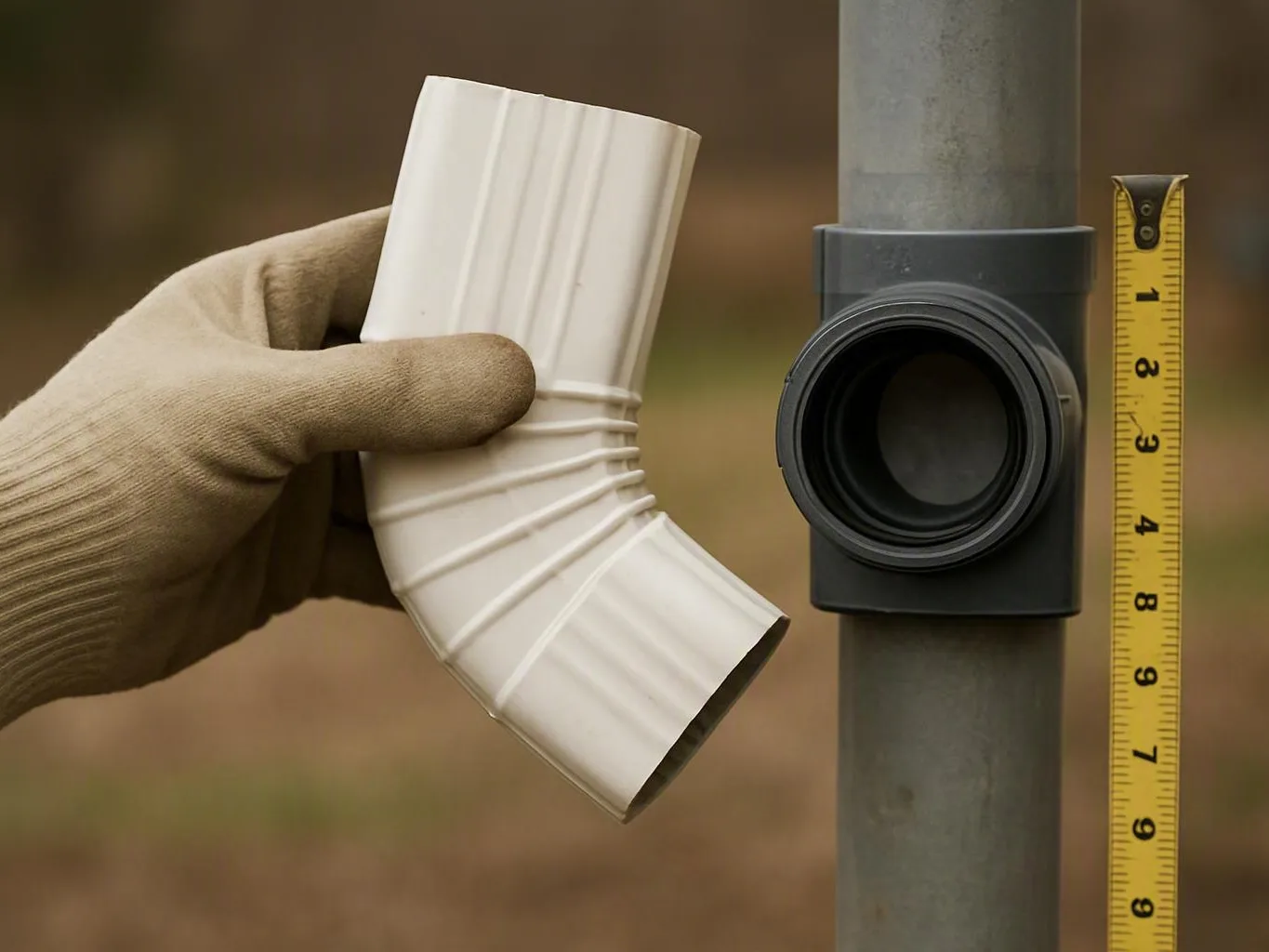 Gloved hand positions a white elbow pipe beside a gray pole and measuring tape
