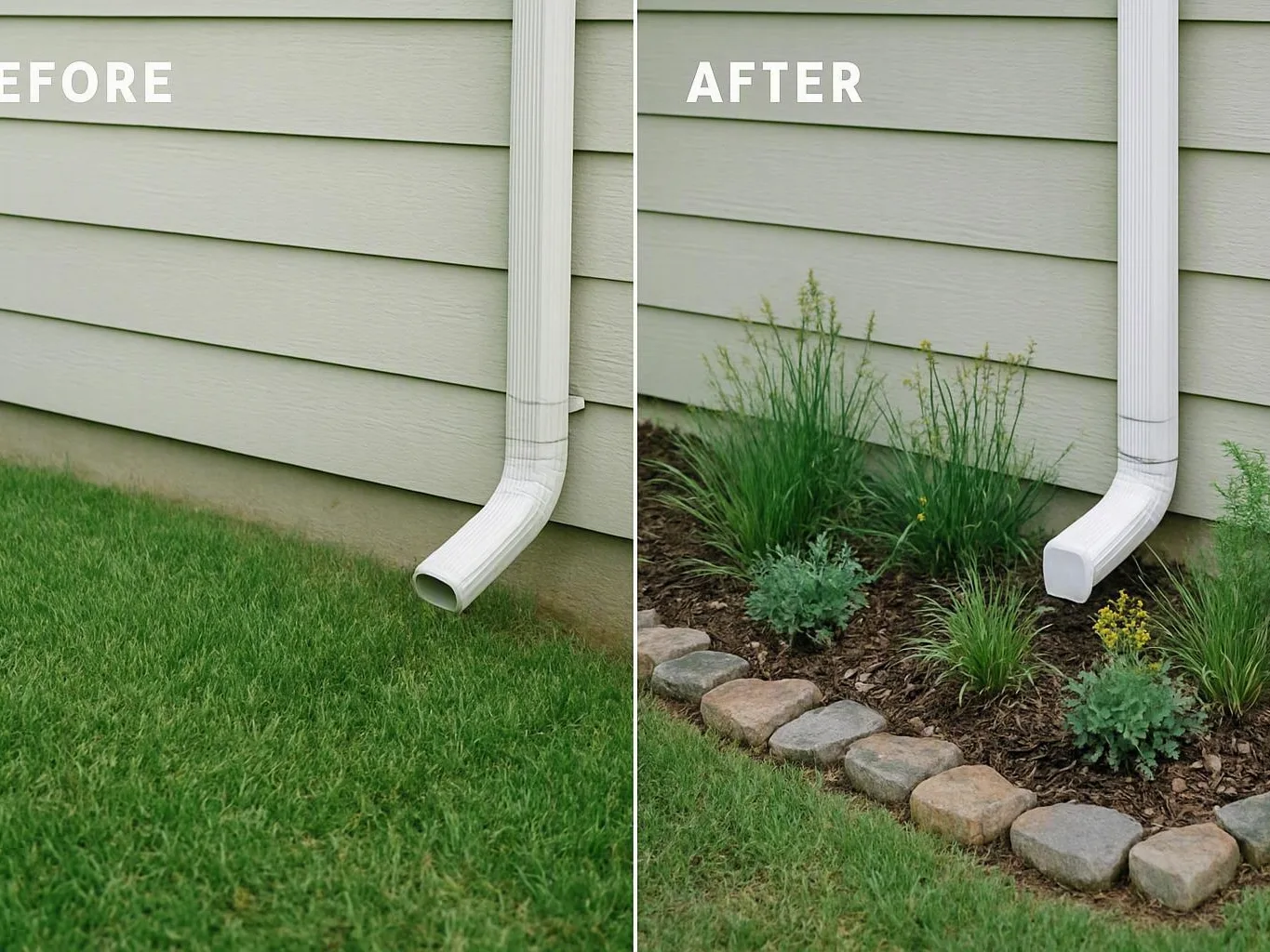 Before-and-after view shows a downspout beside lawn and a landscaped drainage