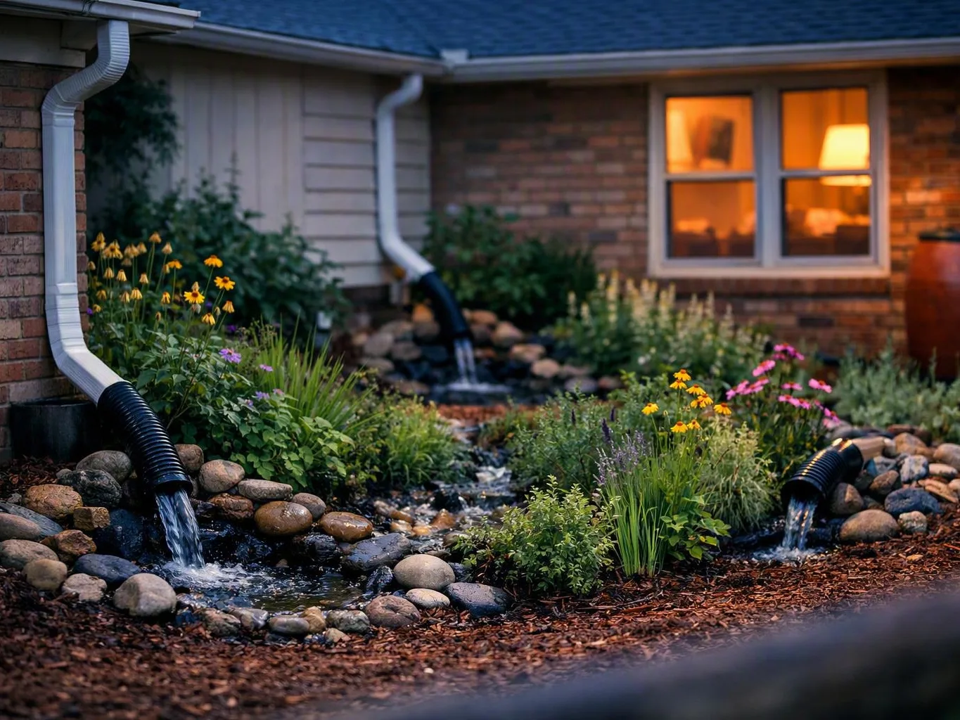 Rainwater flows through downspouts into a rock garden beside a brick house at