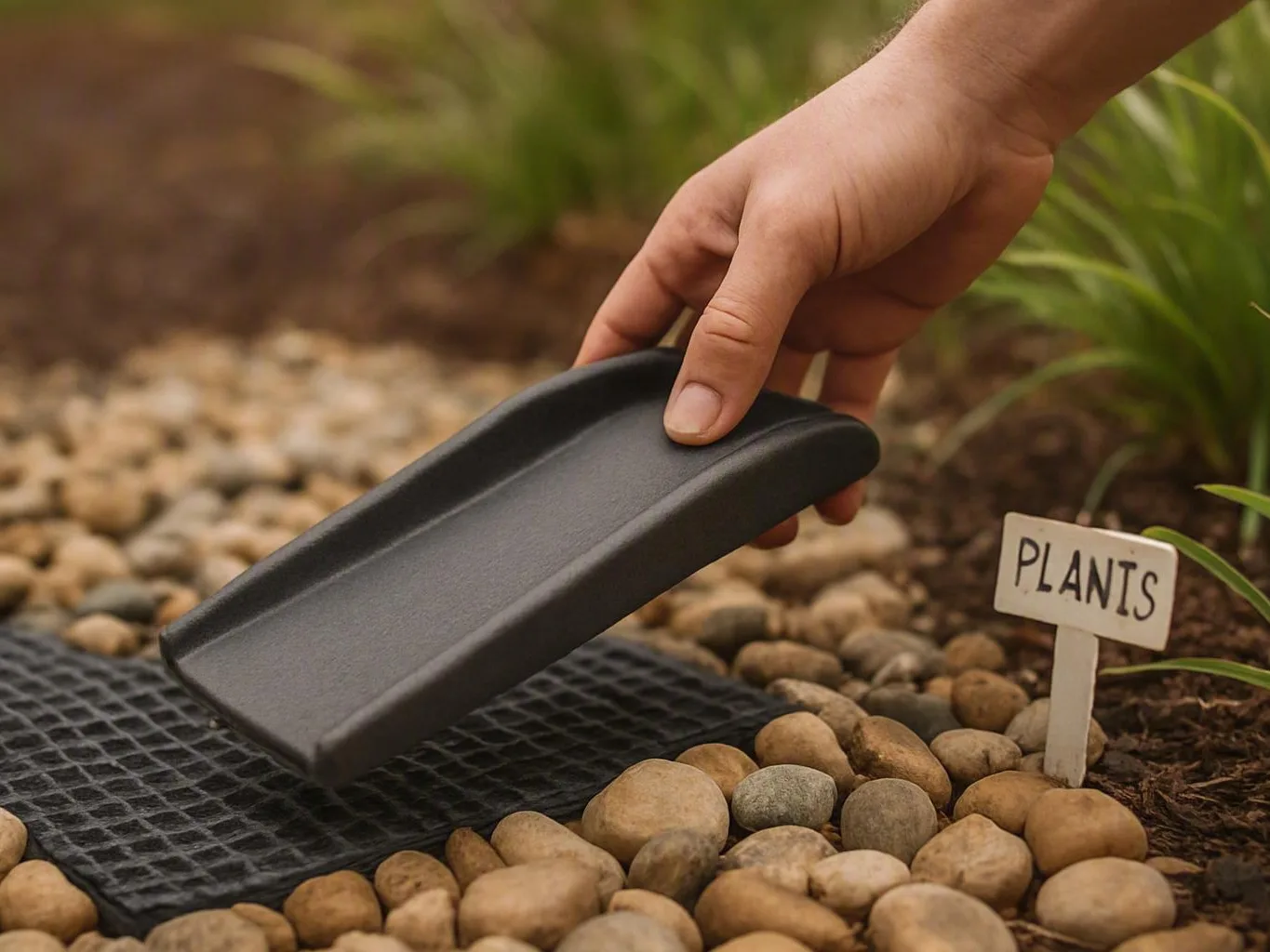Hand placing a black tray on gravel beside a small garden plant label