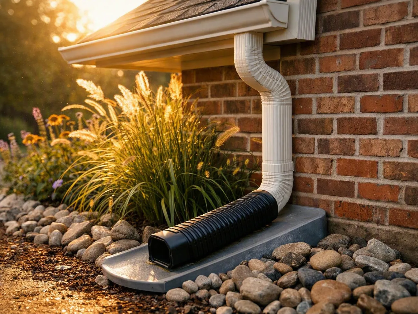 Downspout directing water through a black extension beside rocks and ornamental