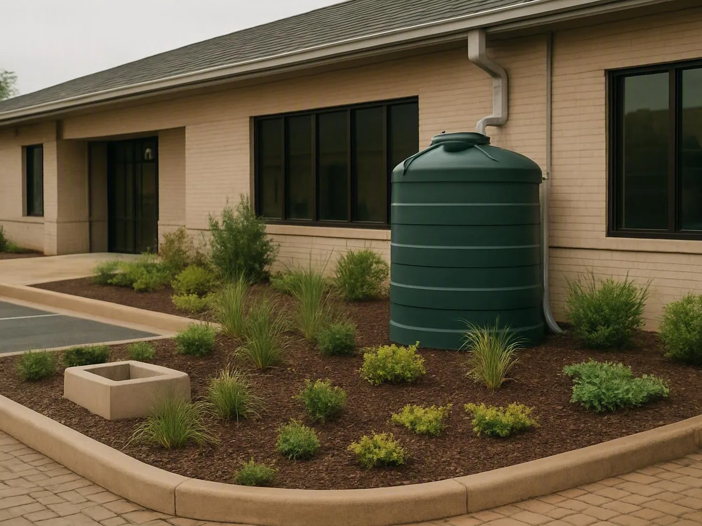 Green rainwater tank positioned beside a beige building with landscaped shrubs