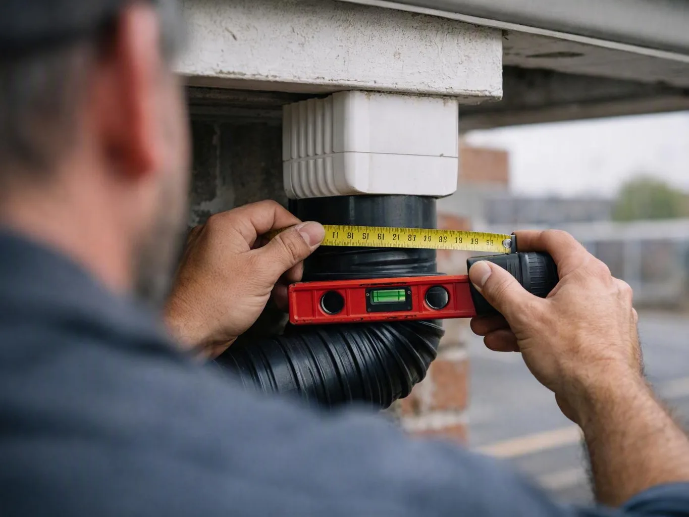 Worker measuring a black drainpipe beneath a roof with a tape measure and level