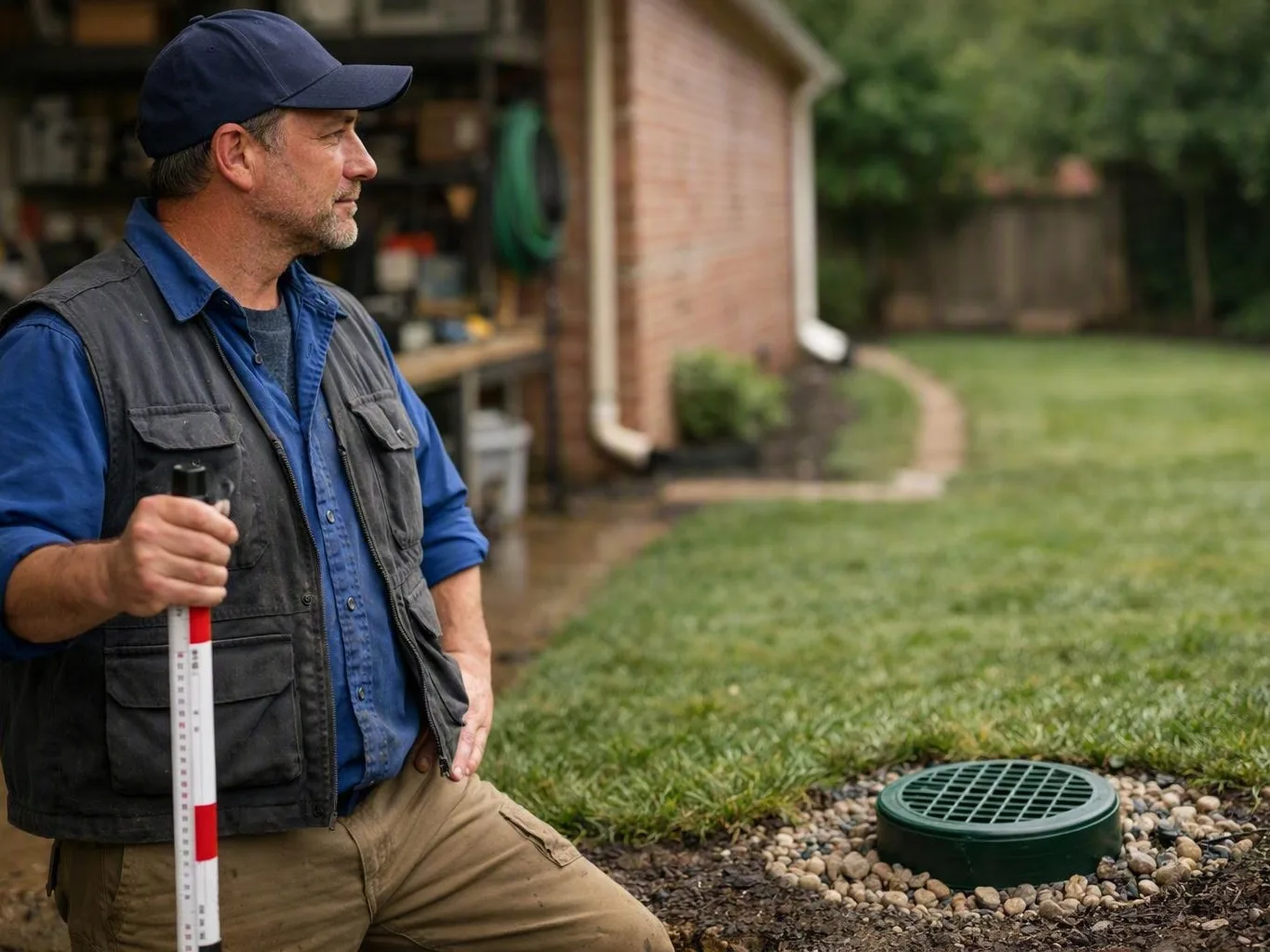 Man kneeling beside a green yard drain near a brick house while holding a