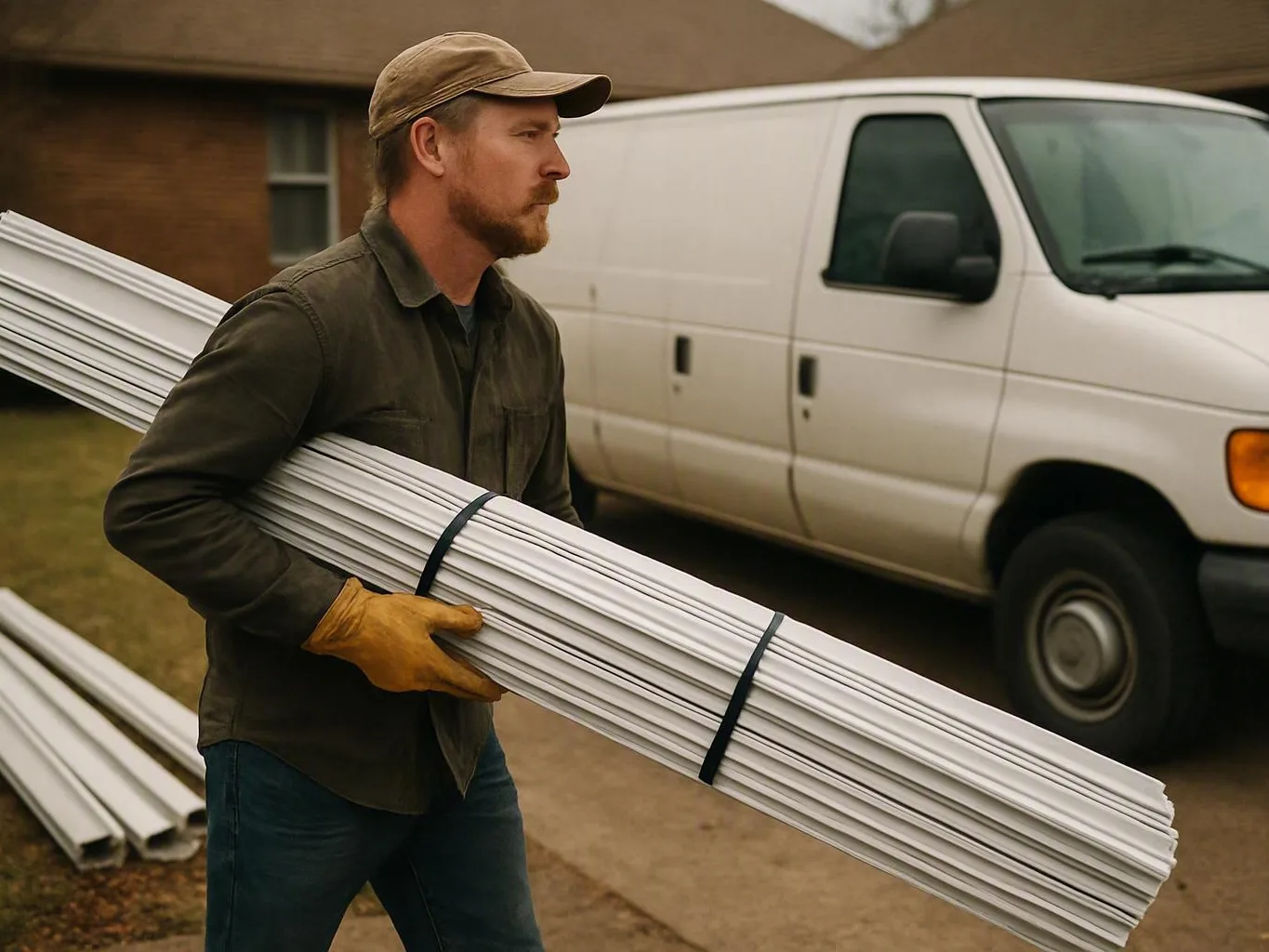 Man carrying white trim beside a parked van on a residential driveway