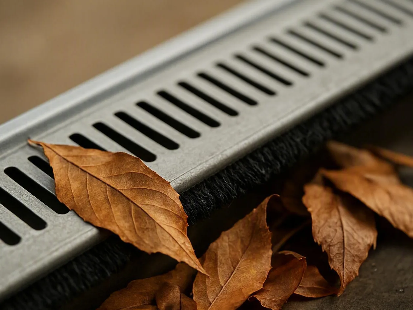 Dry autumn leaves gather beside a metal floor drain with black bristles