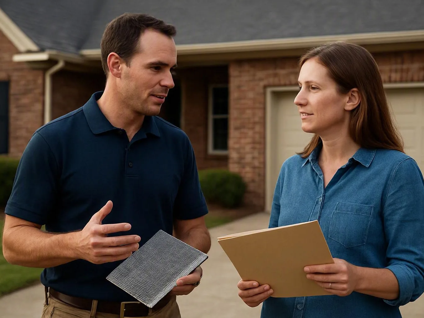 Man and woman discuss gutter options outside a brick house using samples and a