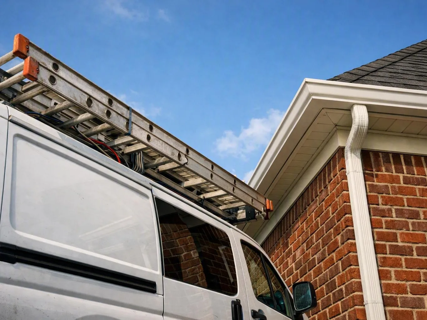 White work van with roof ladder parked beside a brick house under blue sky — What Should Homeowners Do Before a Gutter Ins...