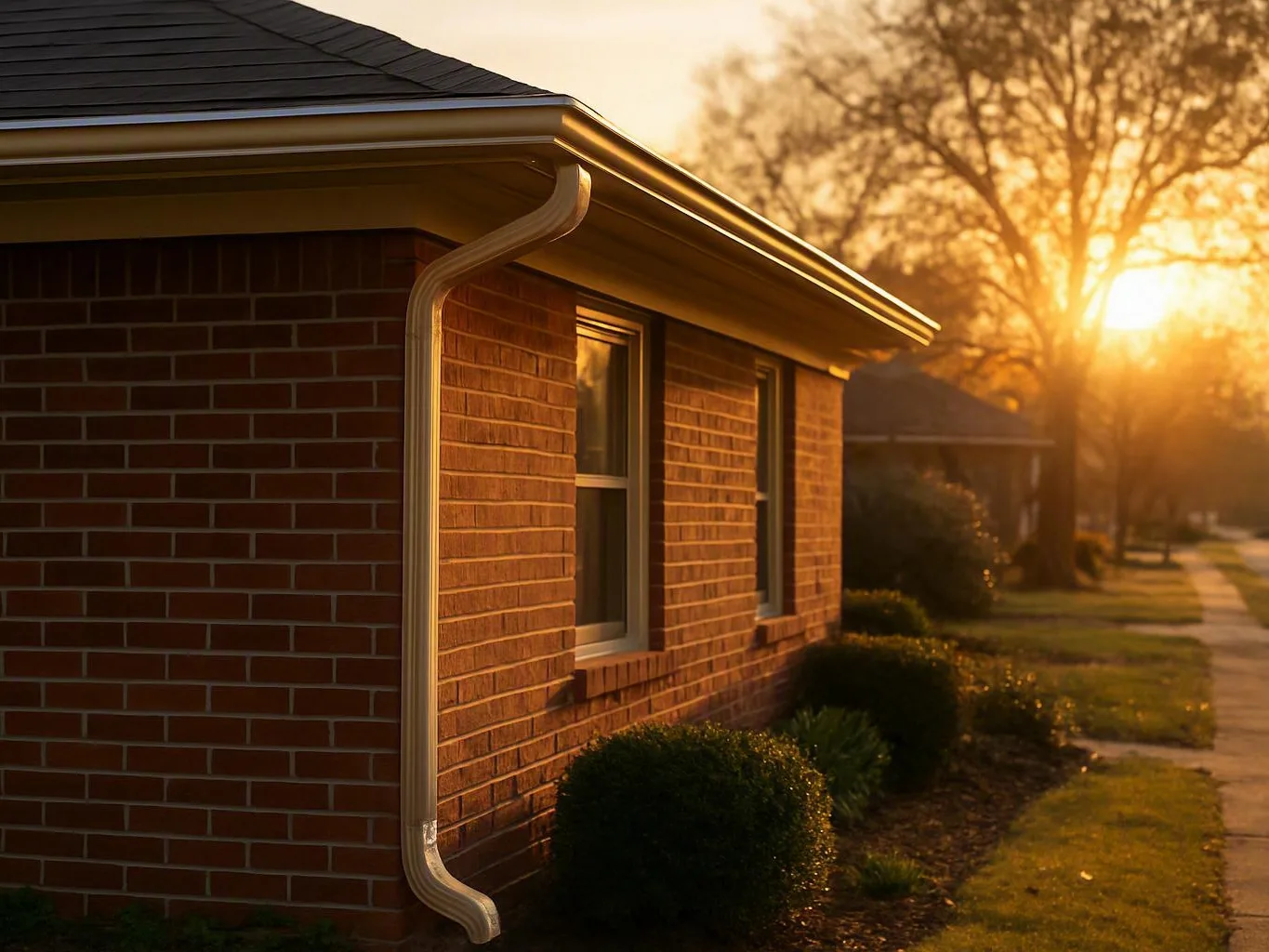 Brick house corner with white gutter and windows beside a sidewalk at sunset — How Do I Compare Smooth Gutters with Sectio...