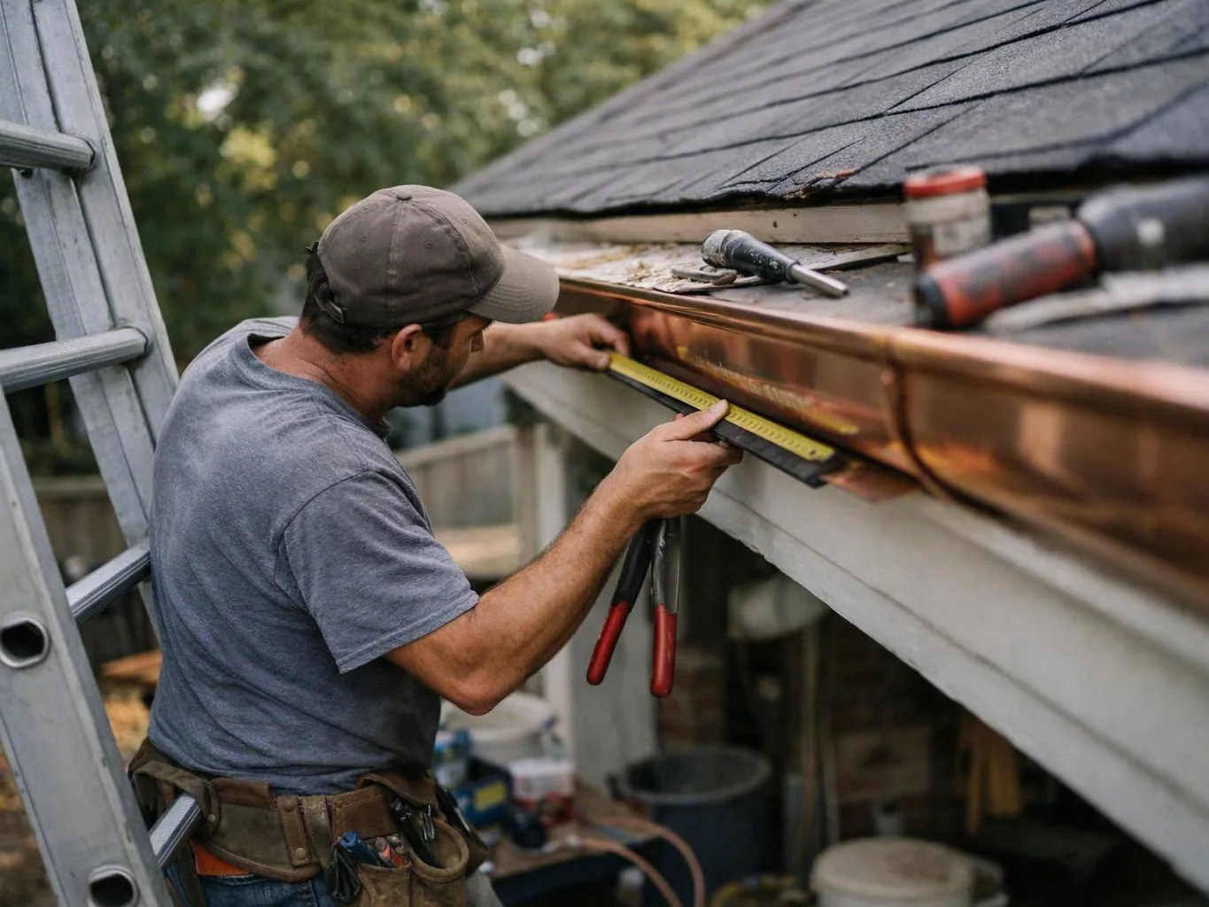 Crew attaching a downspout extension beside a home