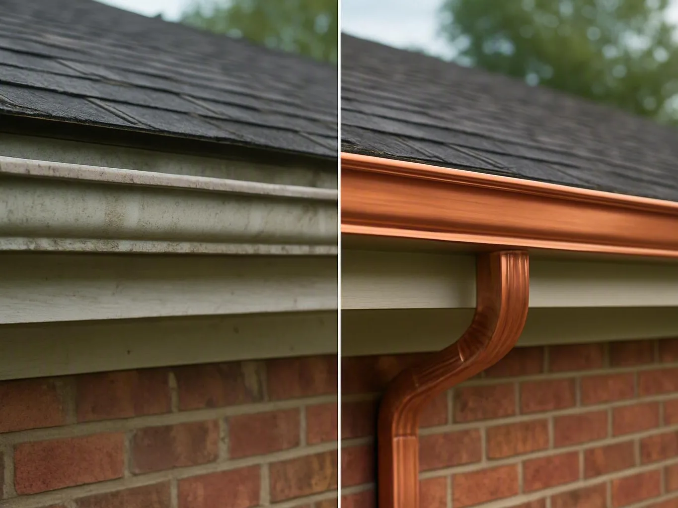 Split view compares old gray gutters with shiny copper replacement gutters