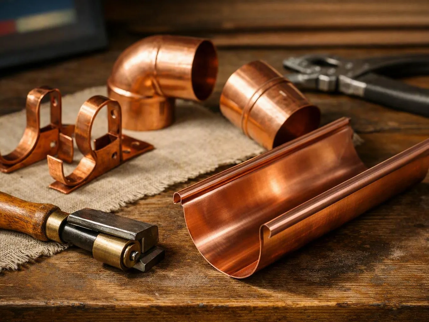 Copper gutters, brackets, and pipe fittings arranged with hand tools on a