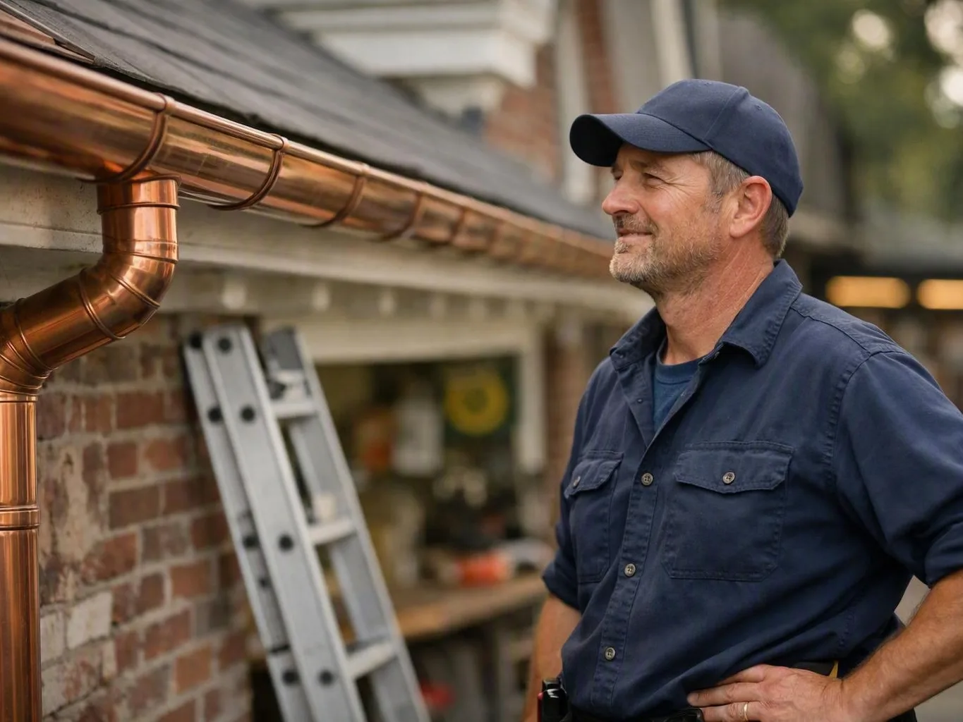 Worker in a blue cap inspects copper rain gutters beside a brick house and