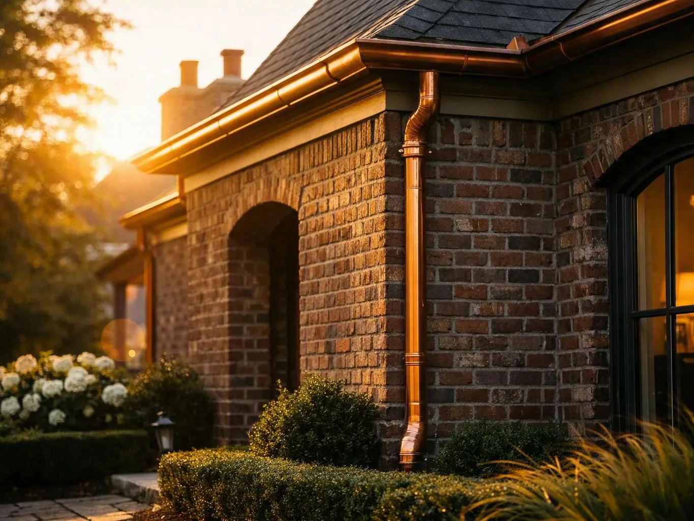 Brick house with copper gutters, dark roof shingles, and neatly trimmed garden