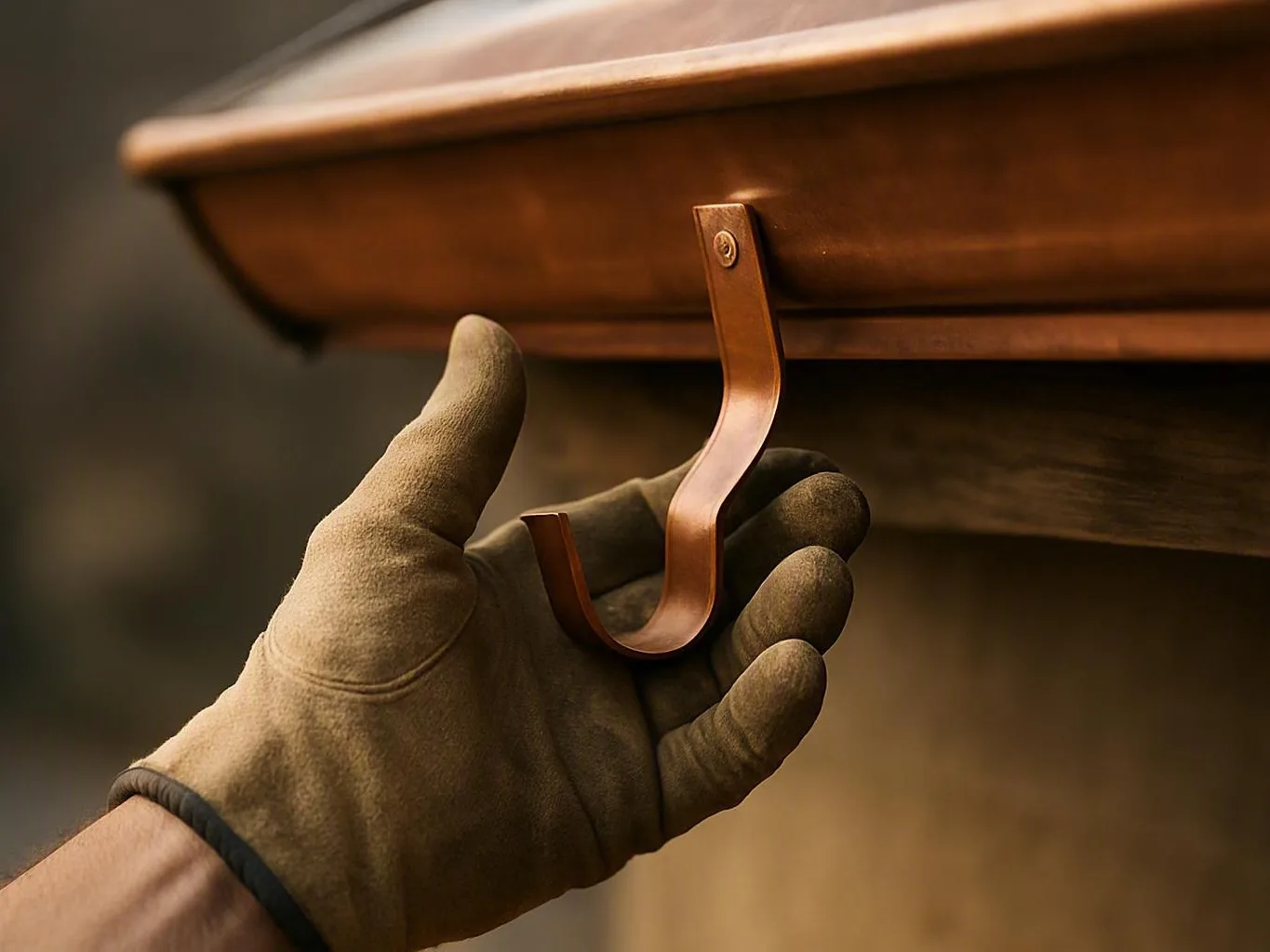 Gloved hand positions a copper gutter hook beneath a wooden ledge in a workshop