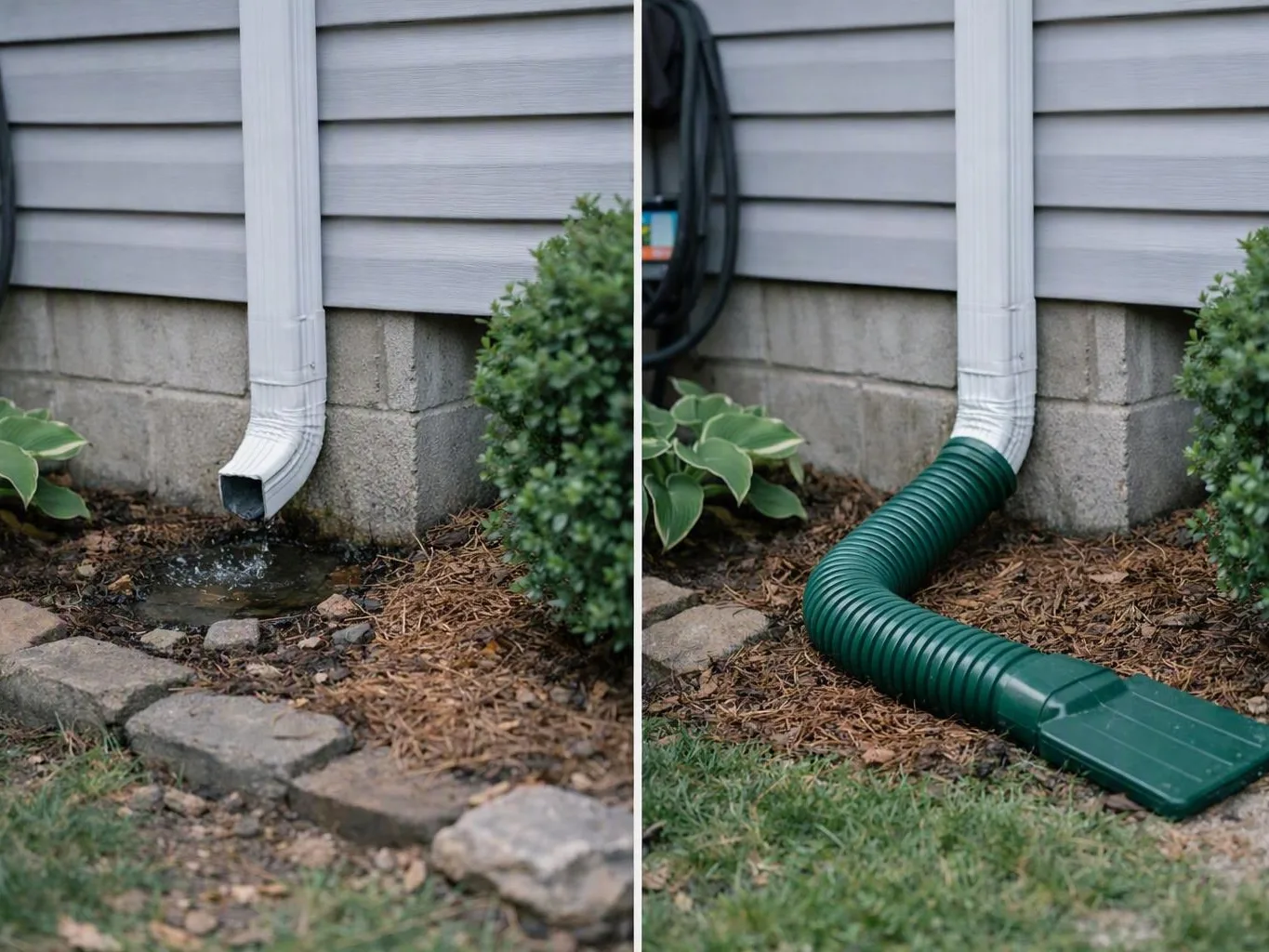Split view of a downspout before and after, showing water draining into a green