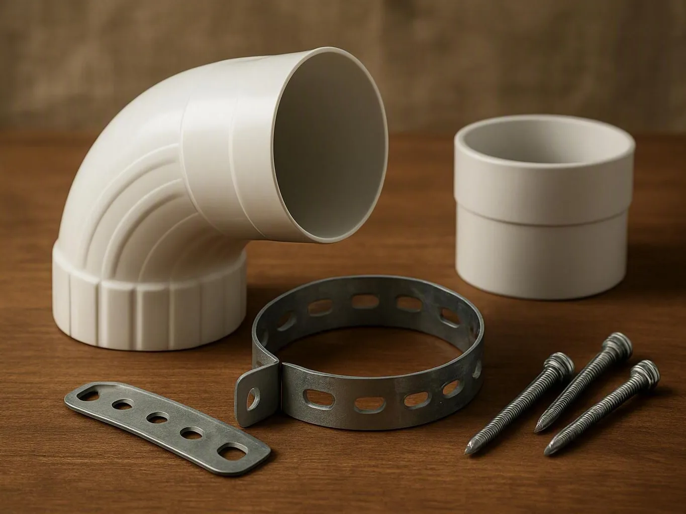 White PVC elbow, coupler, metal clamp, plate, and screws arranged on a wooden