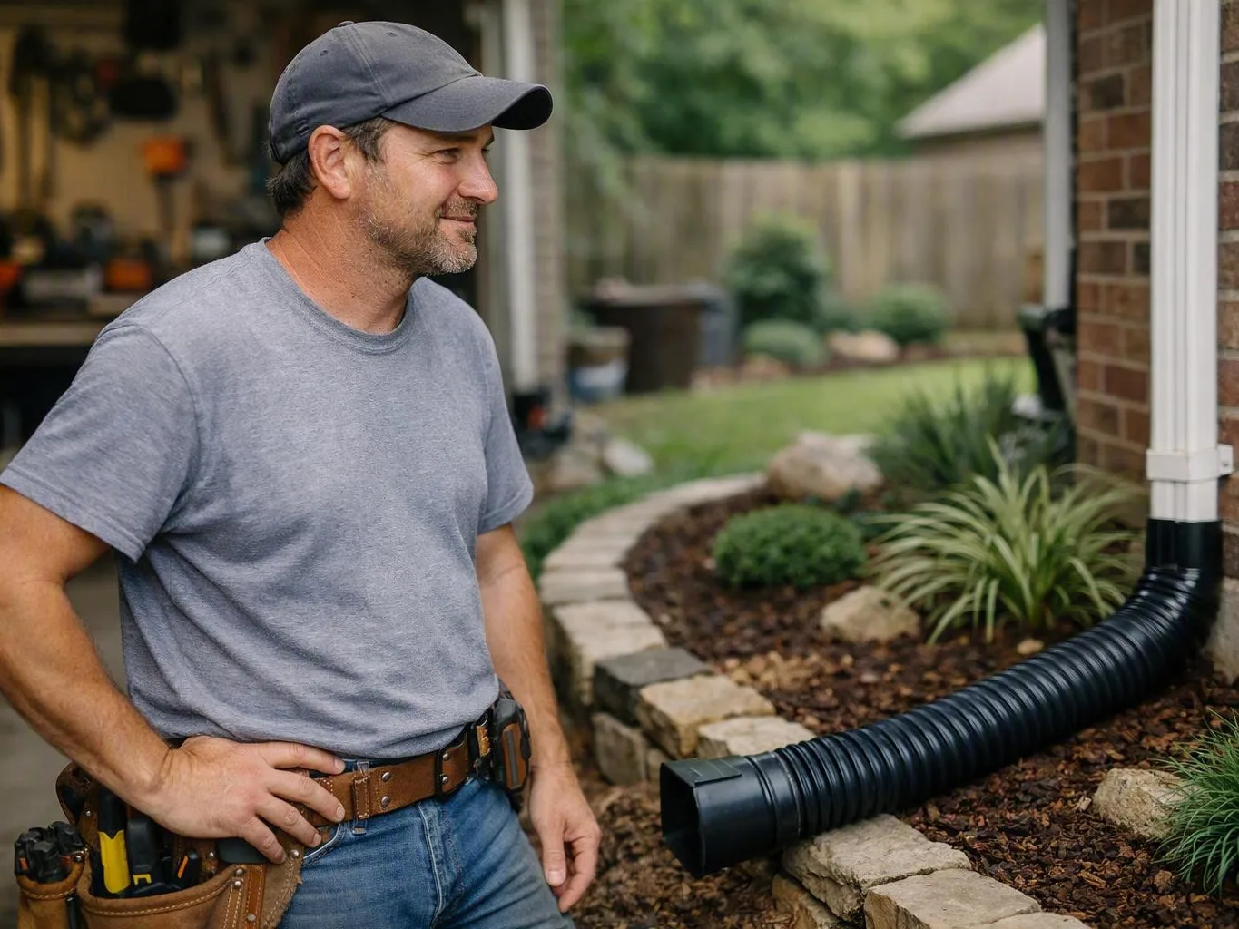 Worker in a cap standing beside a downspout drain in a landscaped backyard