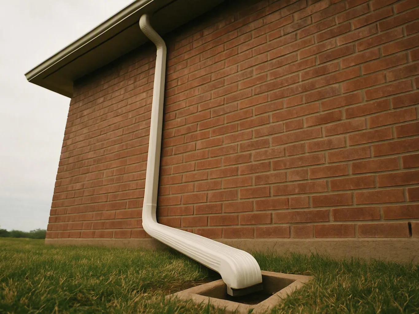 White downspout extending from a brick wall into a ground drain beside grass